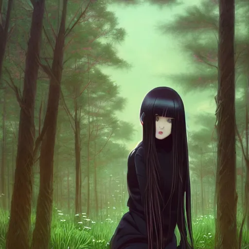 Prompt: a beautiful girl with long dark hair, wearing a black outfit, forest background, intricate, highly detailed, digital painting, artstation, official media, anime key visual, concept art, rich vivid colors, ambient lighting, sharp focus, illustration, art by Artgerm, Makoto Shinkai, Ilya Kuvshinov, Lois Van Baarle, and Rossdraws