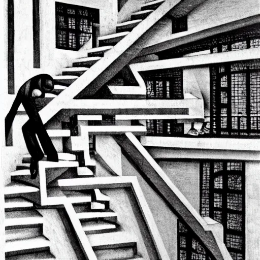 Prompt: a man falling down the stairs in an M.C Escher painting