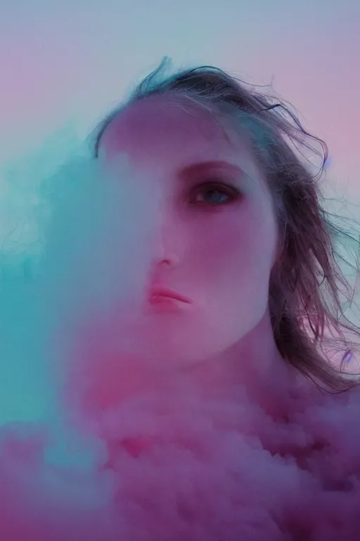 Image similar to high quality pastel coloured film close up wide angle photograph of a model wearing clothing resting on cloud furniture in a icelandic black rock!! environment in a partially haze filled dreamstate world. three point light, rainbow. photographic production. art directed. pastel colours. volumetric clouds. pastel gradient overlay. waves glitch artefacts. extreme facial clarity. 8 k. filmic.