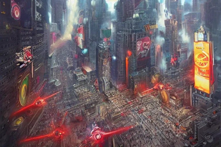 Image similar to 1 9 5 0's robots attacking times square highly detailed, us air force vintage planes firing guns explosions people running for dear life, atmosphere by peter mohrbacher and igor morski, very detailed, 2 4 mm lens, deep depth of field, artstation, 8 k