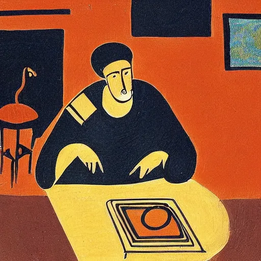 Image similar to greek vase painting of a man playing games on his computer with his backed hunched, 4 k, award winning photograph, highly detailed