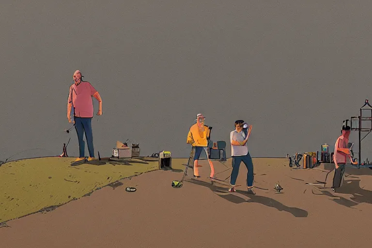 Image similar to mid - thirties guys binge drinking and fishing, in the style of simon stalenhag