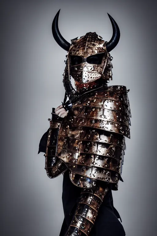 Prompt: very shy demon model, wearing louis vuitton armor, luxury materials, symmetrical, cinematic, elegant, professional studio light, real dlsr photography, sharp focus, 4 k, ultra hd, sense of awe, high fashion