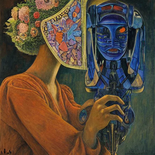 Prompt: masterpiece painting of the robot queen wearing a mask made of flowers, by annie swynnerton and diego rivera and jean delville, symbolist, dramatic lighting, god rays, elaborate geometric ornament, art brut, soft cool colors, smooth, sharp focus, extremely detailed, adolf wolfli