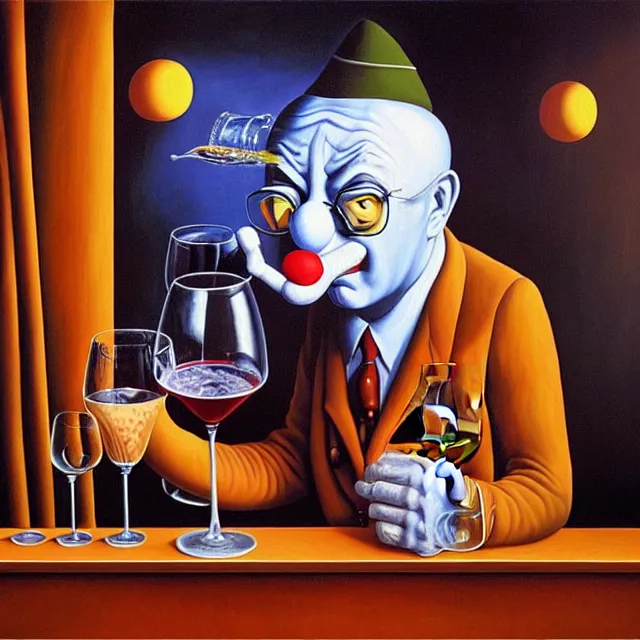 Image similar to an oil on canvas painting of a sad clown sitting by himself drinking wine in a bar, surrealism, surrealist, cosmic horror, rob gonsalves, high detail