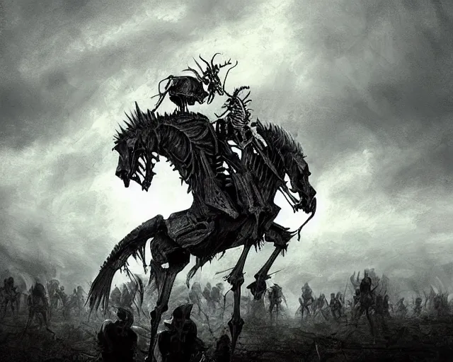 Image similar to evil skeleton riding evil skeleton horse in tatters in front of an army of evil skeleton soldiers against a dark and stormy night, illustration, by ( kieran yanner ) ( miranda meeks ) ( anna podedworna ) ( cristi balanescu ), digital art