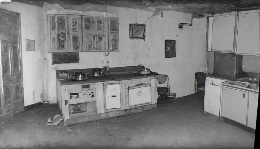 Prompt: a snake in a stalinist style kitchen, by mini dv camera, very very low quality, heavy grain, very blurry, accidental flash, webcam footage, found footage, security cam, caught on trail cam