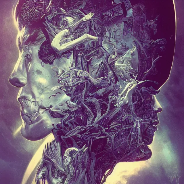 Image similar to a wandering mind, intrusive thoughts, grotesque, horror, high details, intricate details, by vincent di fate, artgerm julie bell beeple, inking, vintage 9 0 s print, screen print