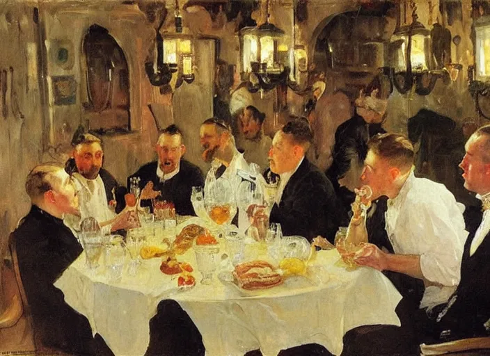 Prompt: men having dinner, singing, roaring twenties, cellar, masterpiece, torches on wall, meat, wine, schnapps, smoking cigars, scantily clad blondes, oil painting by anders zorn and carl larsson, art nouveau