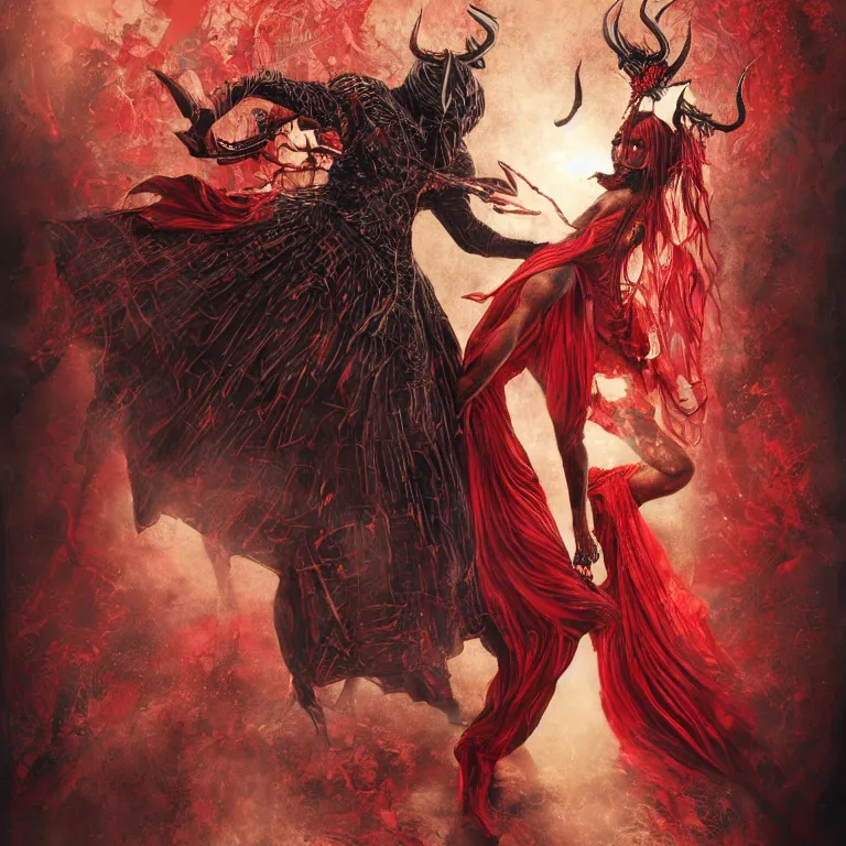 Image similar to black man and a woman-devil in red dress with horns are dancing together, in Dark souls and elden ring style, insanely detailed and intricate, golden ratio, hypermaximalist, elegant, ornate, luxury, elite, ominous, haunting, matte painting, cinematic, cgsociety, James jean, Brian froud, ross tran, Laputa