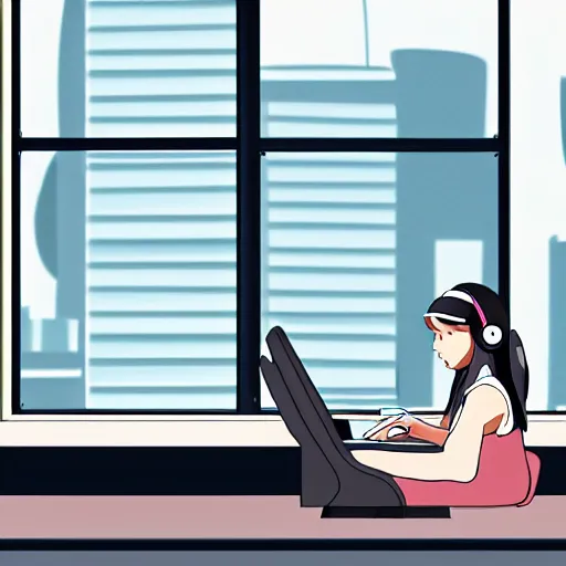Image similar to a side view of a girl sitting on her desktop writing something, headphones on, hand on her chin, digital art, anime, studio ghibli style, window and city background,