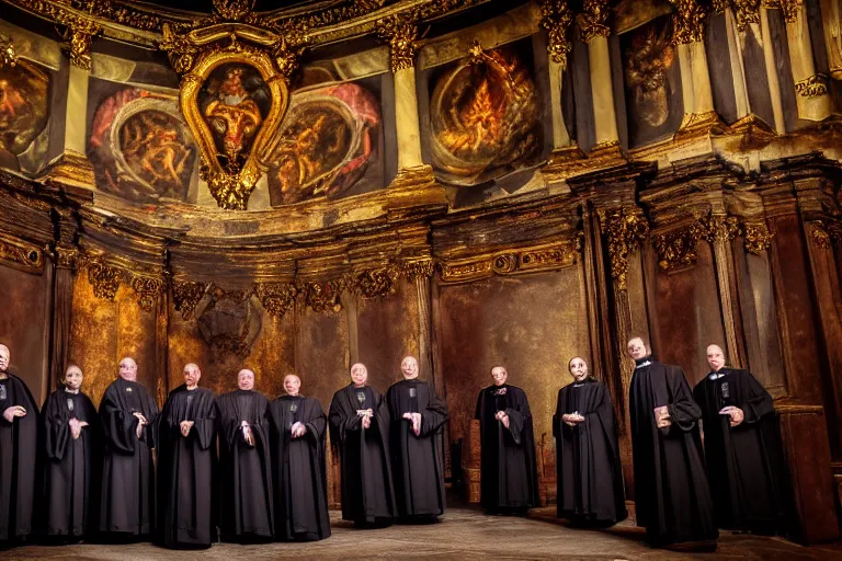 Prompt: photography of circle group of priests in front of a hell portal invoking a lovecraft creature in a baroque intricate church, photography by annie leibovitz, wide - angle portrait, atmospheric lighting, rich deep colors masterpiece, fractal crystals