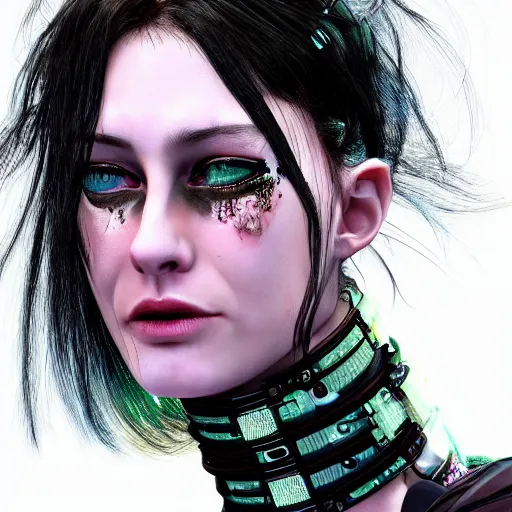 Image similar to detailed realistic female character cyberpunk wearing thick steel collar around neck, realistic, art, beautiful, 4K, collar, choker, collar around neck, punk, artstation, detailed, female, woman, choker, cyberpunk, neon, punk, collar, choker, collar around neck, thick collar, choker around neck, wearing choker, wearing collar, face, beautiful face, alternative,