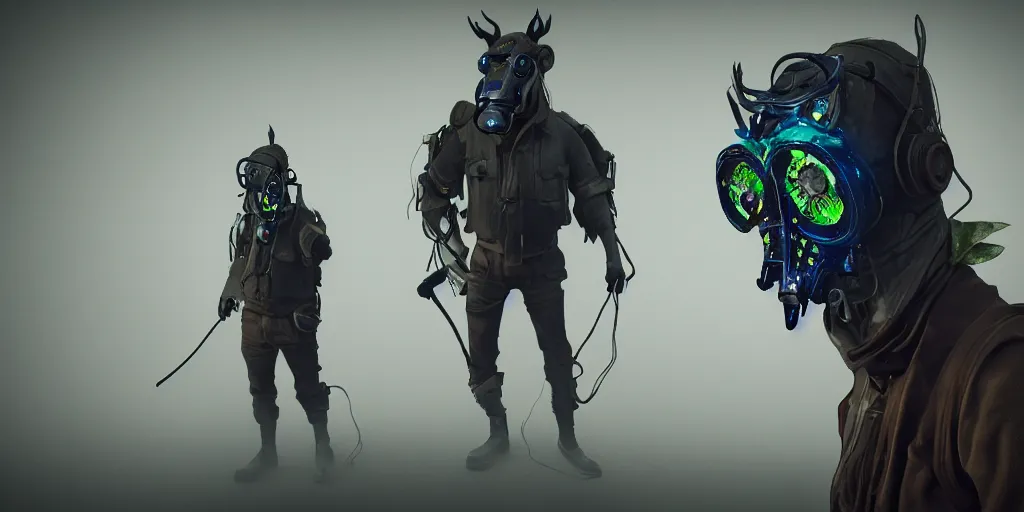 Image similar to a beautifully strange image of a gamekeeper wearing a dieselpunk mechanical fluorescent mystical animal mask. walking in the misty, dangerous river. in style of fornite game. award winning. dramatic. trending on artstation. high quality. rendered by beeple, by makoto shinkai, syd meade, digital art, unreal engine 5, fornite game. octane render