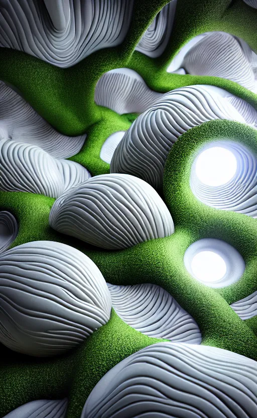 Image similar to highly detailed ultra sharp 3 d render cinematic composition of a smooth ceramic porcelain magnolia stone nebula biomorphic fluid fractal sci - fi surreal architecture landscape, metallic, white marble, foliage, vincent callebaut composition, mamou - mani, archviz, beautiful lighting, 8 k, unreal engine, hdr,