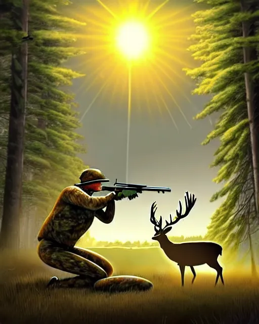 Image similar to a large potato shooting a deer with a rifle in the woods with sun high above and cloudy, ultra realistic, concept art, intricate details, highly detailed