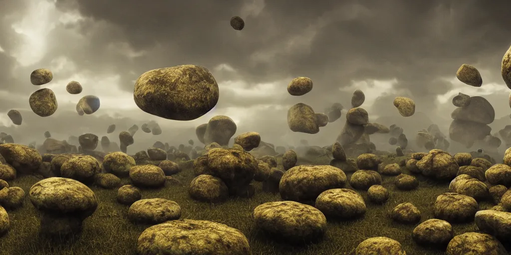 Prompt: Photorealistic crowd of fungus people made from fungus. Magically floating rocks, with ominous storm clouds, strange levitating stones, stones falling from the sky, a gentle rising mist. occult photorealism, UHD, amazing depth, glowing, golden ratio, 3D octane cycle unreal engine 5, volumetric lighting, cinematic lighting, cgstation artstation concept art