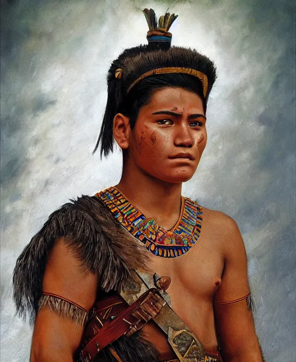 Image similar to portrait of a handsome young mayan warrior in yucatan, art by denys tsiperko and franz xaver kosler and bogdan rezunenko, hyperrealism