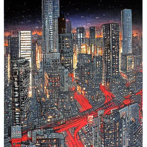Prompt: akira cityscape at night