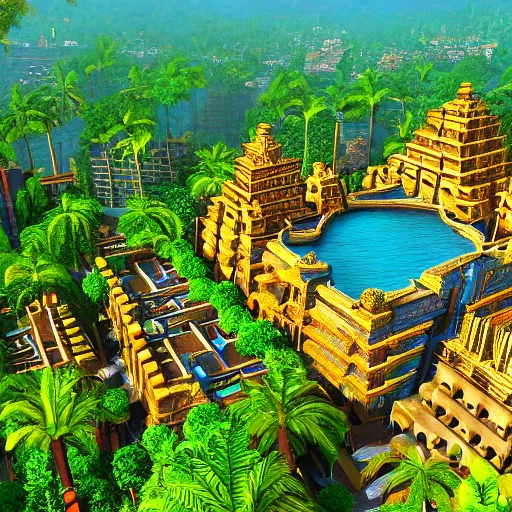 Prompt: a lush golden aztec city sits in the the heart of the jungle, vibrant colors, unreal engine, hyper realistic