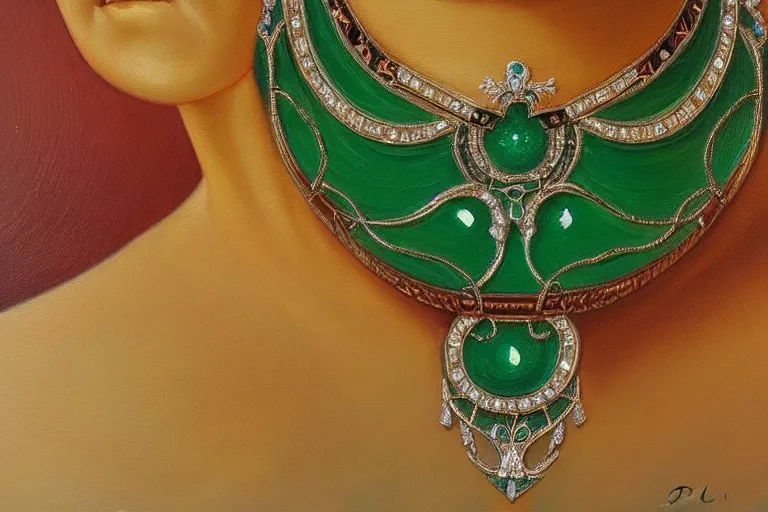 Prompt: highly detailed oil painting, front view, very realistic gemstones, art nouveau, ornate, delicate, brilliant emerald choker, necklace on display, dramatic light,