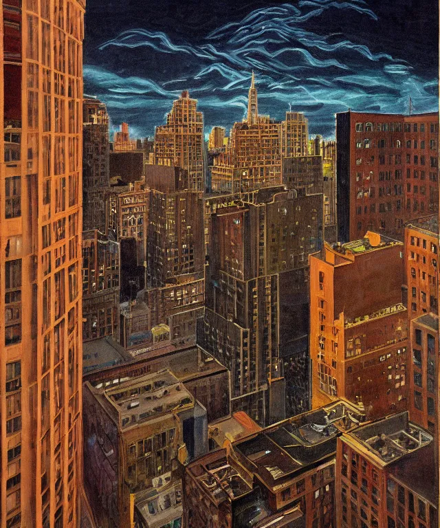 Image similar to horrifying full color photorealistic painting of the view of a warped downtown 1 9 2 5 boston at night with a cosmic sky viewed from a hotel balcony, dark, atmospheric, brooding, smooth, finely detailed, cinematic, epic, in the style of lee gibbons