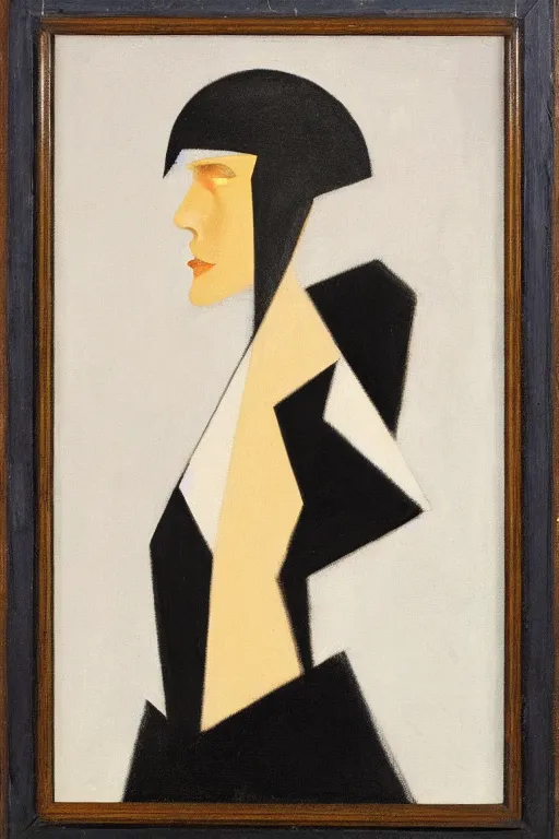 Prompt: Abstract. Minimalism. Portrait of a cyborg woman. 1920. Oil on panel