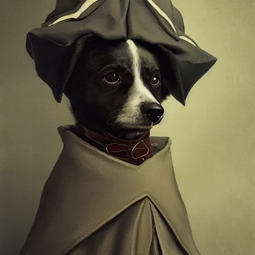 Image similar to portrait of a dystopian cute dog wearing an outfit inspired by the handmaid ’ s tale ( 2 0 1 7 ), intricate, headshot, highly detailed, digital painting, artstation, concept art, sharp focus, cinematic lighting, digital painting, art by artgerm and greg rutkowski, alphonse mucha, cgsociety