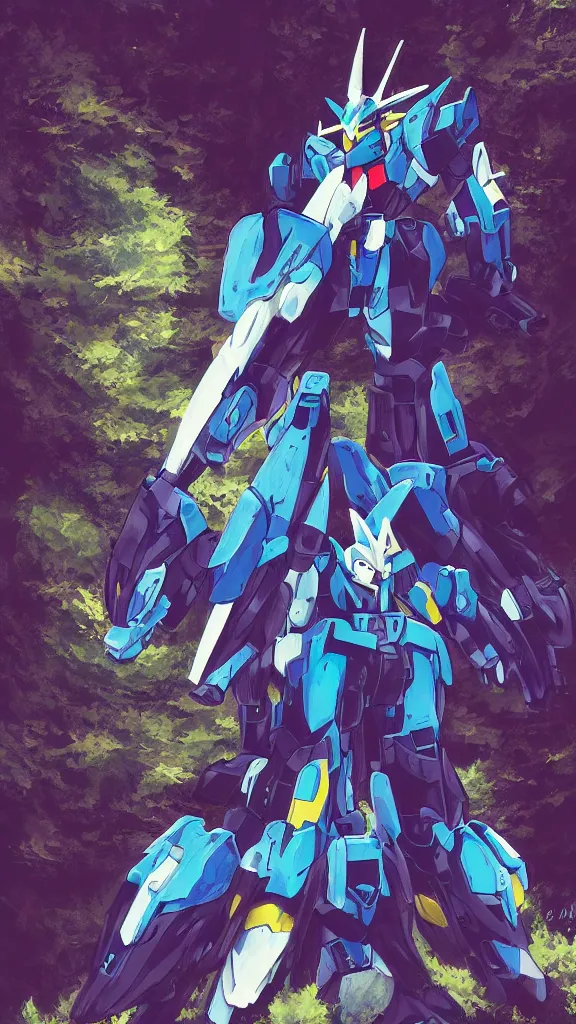 Image similar to An Azure gundam in a forest landscape, wolf armor, highly detailed, mobile suit, GUNDAM, mecha, sci-fi, illustration, trending on artstation, Pixiv, HD