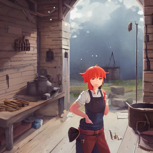 Image similar to a full body portrait of the short and fiery blacksmith Kitty with a beard at her forge, blacksmith's outfit, inside building, makoto shinkai, james gilleard, very detailed, matte, gaussian blur, tone mapped, Akihiko Yoshida.