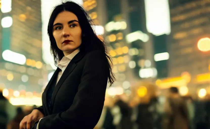 Image similar to a wide shot of a woman with a wool suit, short dark hair, blurred face, wearing an omega speedmaster on her wrist in front of a crowded dystopian city at night with cyberpunk lights