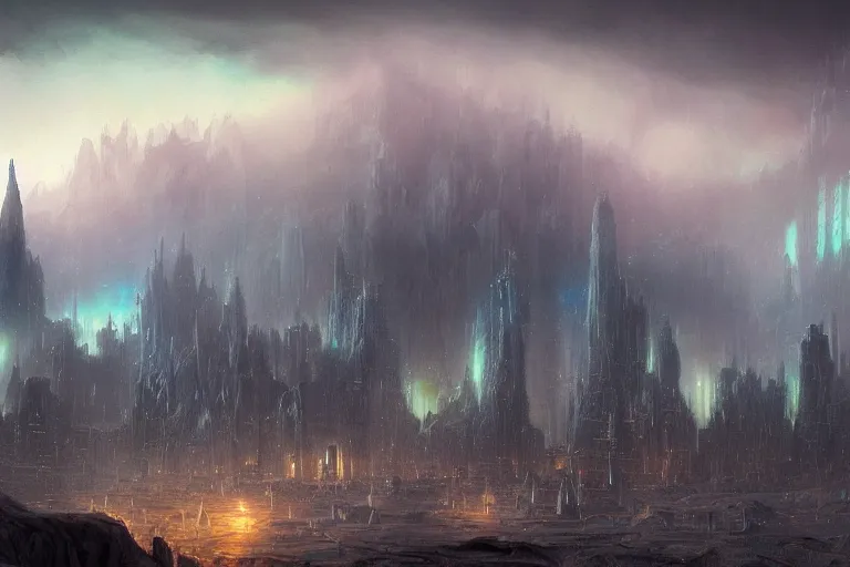 Prompt: detailed landscape painting of a misty antic city on an alien world at dusk, sparse giant columns and crystals, runes, aurora in the dark sky, scifi, cinematic lights, vivid lighting. clouds and stars. fantasy. by tuomas korpi and greg rutkowski and jonas de ro. intricate artwork, dramatic, artstation, 8 k
