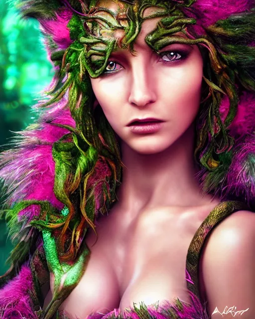 Prompt: portrait high definition photograph pretty woman fantasy character art, hyper realistic, pretty face, hyperrealism, iridescence water elemental, snake skin armor forest dryad, pink furry foliage, 8 k dop dof hdr fantasy character art, by aleski briclot and alexander'hollllow'fedosav and laura zalenga