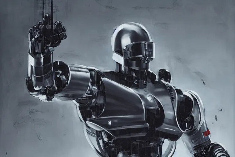 Image similar to modern day reimagining of an evil robocop terrorizing the public. concept art. realistic. cinematic.