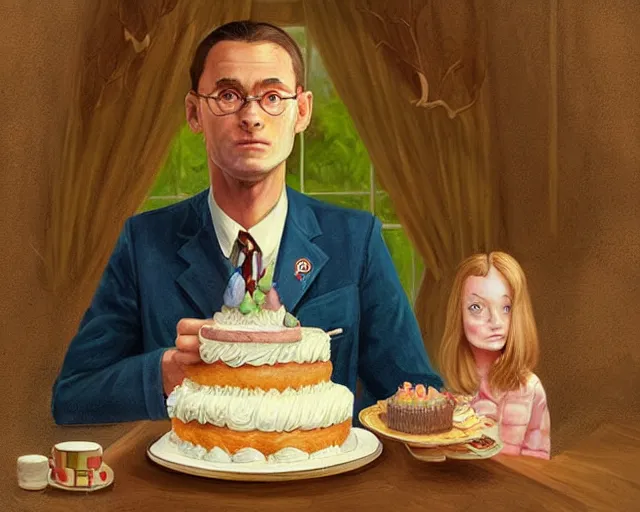 Image similar to Forrest gump eating a cake in hogwarts, digital art, highly detailed, in the style of Mandy Jurgens