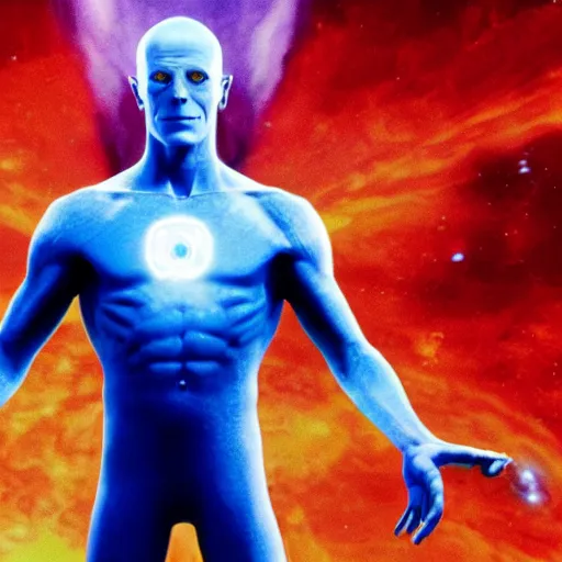 Image similar to film still of David Bowie as Dr. Manhattan in Watchmen, 4k