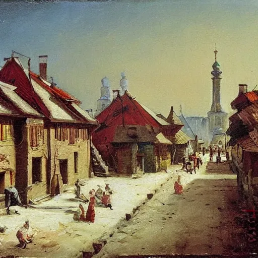 Prompt: scene of an Eastern European village, summer, oil painting, in the style of Peredvizhniki, by Alexei Savrasov