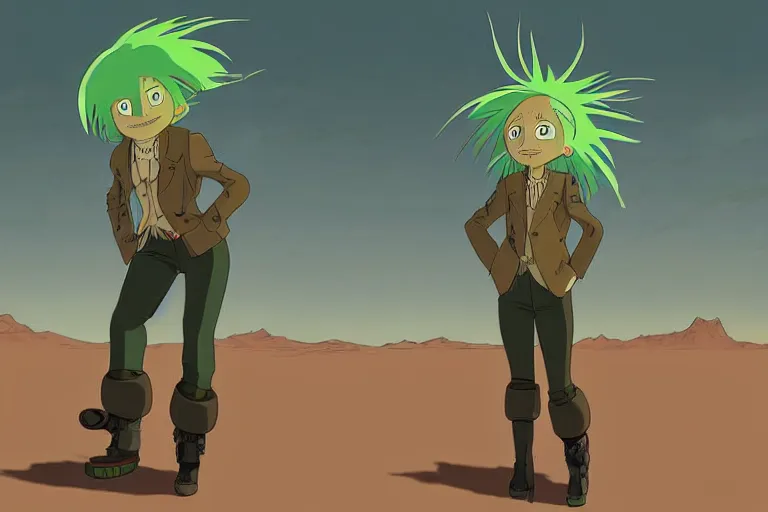 Prompt: a study of a cell shaded cartoon of a mechanized punk with green hair from howl's moving castle ( 2 0 0 4 ), on a desert road, full body, wide shot, very muted colors, post grunge, studio ghibli, laurie greasley, highly detailed, deviantart, art by artgem