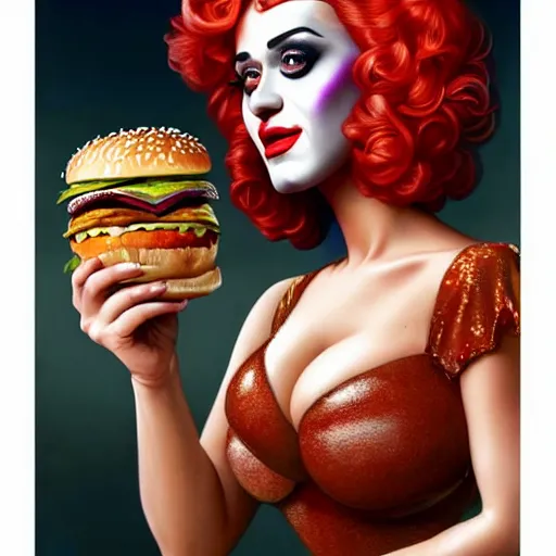 Prompt: portrait of katy perry in clown makeup eating hamburgers, extra onions and ketchup, luscious patty with sesame seeds, feminine ethereal, handsome, d & d, fantasy, intricate, elegant, highly detailed, digital painting, artstation, concept art, matte, sharp focus, illustration, art by artgerm and greg rutkowski and alphonse mucha