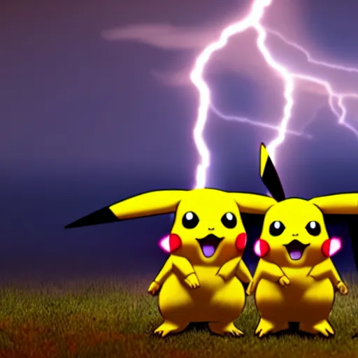 Prompt: three - headed pikachu, realistic, pokemon, hyper realistic, lightning bolts, cinematic lighting