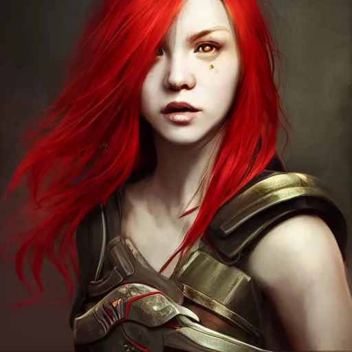 Prompt: fantasy portrait of a young beautiful veteran female warrior with red hair , scars on her face , determined expression , made by Stanley Artgerm Lau, WLOP, Rossdraws, ArtStation, CGSociety, concept art, cgsociety, octane render, trending on artstation, artstationHD, artstationHQ, unreal engine, 4k, 8k,