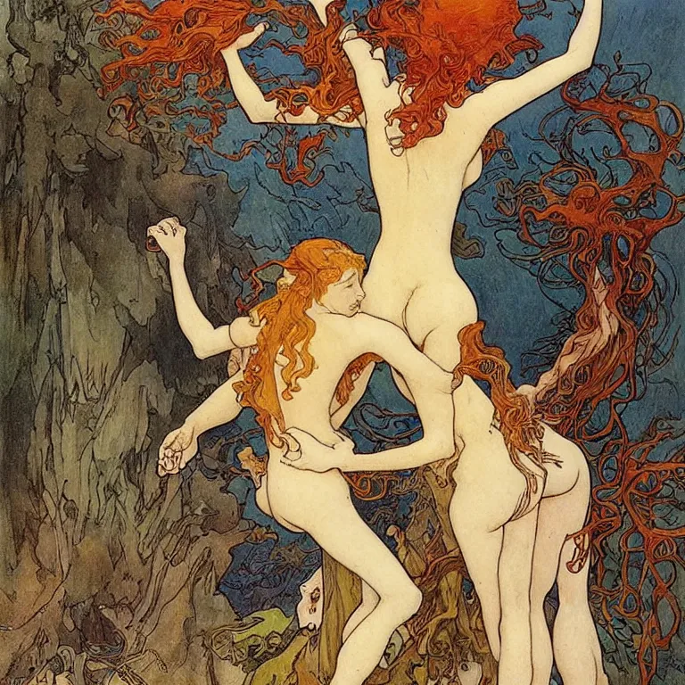 Prompt: A woman with red hair stands and hugs a blonde Anton Pieck,Jean Delville, Amano,Yves Tanguy, Alphonse Mucha, Ernst Haeckel, Edward Robert Hughes,Stanisław Szukalski and Roger Dean
