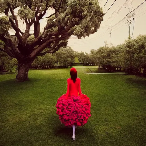 Prompt: giant flower head, woman walking, surreal photography, cinematic, symmetry, flat space, fanciful, bright, detailed, wes anderson