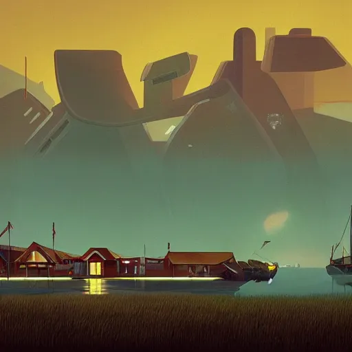 Image similar to yachting club by simon stalenhag