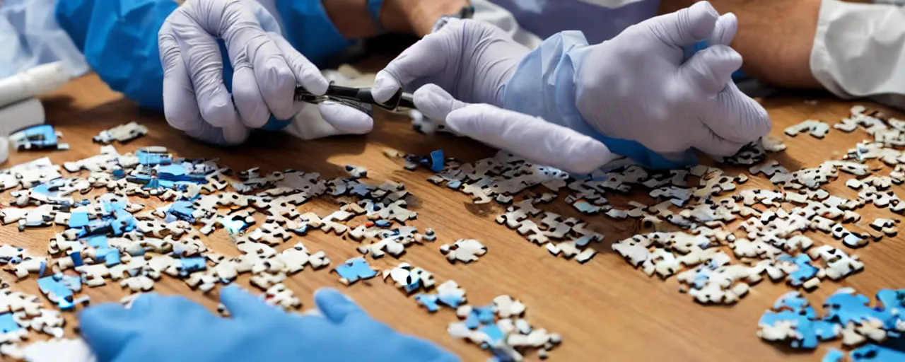 Image similar to a surgeon performing an operation on a jigsaw puzzle on a table