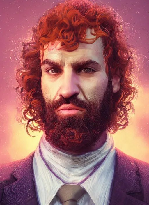 Image similar to glowwave portrait of curly orange hair man from gta v, au naturel, hyper detailed, digital art, trending in artstation, cinematic lighting, studio quality, smooth render, unreal engine 5 rendered, octane rendered, art style by klimt and nixeu and ian sprigger and wlop and krenz cushart.