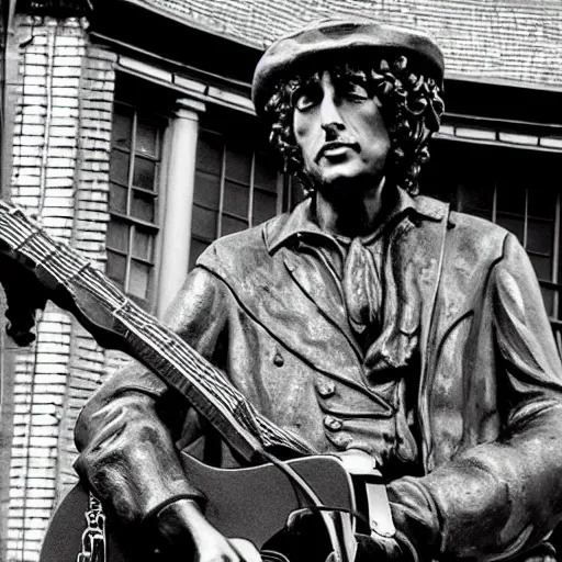 Image similar to bob dylan playing his guitar whilst sitting on a statue of king alfred, photograph