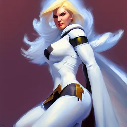 Image similar to Greg Manchess portrait painting of Emma Frost as Overwatch character, medium shot, asymmetrical, profile picture, Organic Painting, sunny day, Matte Painting, bold shapes, hard edges, street art, trending on artstation, by Huang Guangjian and Gil Elvgren and Sachin Teng