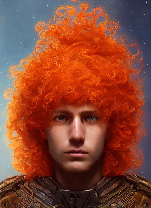 Image similar to masterpiece artwork of a curly orange hair man with cosmic armor, au naturel, hyper detailed, digital art, trending in artstation, cinematic lighting, studio quality, smooth render, unreal engine 5 rendered, octane rendered, art style by klimt and nixeu and ian sprigger and wlop and krenz cushart