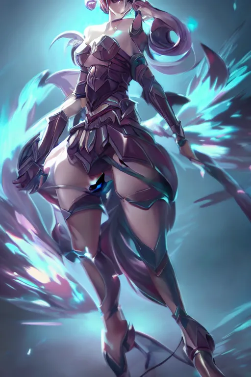 Prompt: pretty armored anime girl in a dynamic pose, fullbody art, in the style of league of legends, character concept art, by WLOP